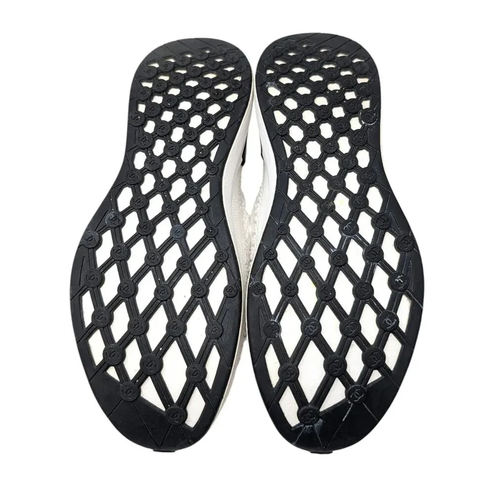 Chanel 2021 CC Logo Knit Sneakers Slip On White Black Athletic 39.5 | 9 | 8.5
